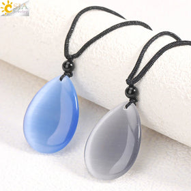 CSJA Trendy Necklaces Jewelry Handmade Adjustable Blue Gray Cat Eye Glass Beads Water Drop Pendant Necklace for Women T049