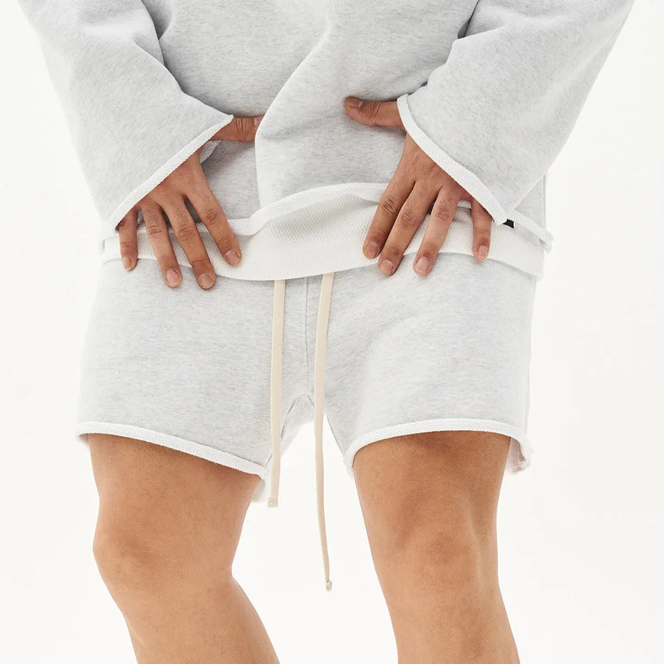 Summer New High-Street Solid Color Shorts for Men Trendy Frayed Edges Loose-Fit Casual Sports Fitness Breathable Elastic Waist