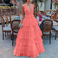 2025 Cross-Border New Summer European & American Women's Dress: Tulle Tiered Cake Dress Camisole V-Neck Evening Gown