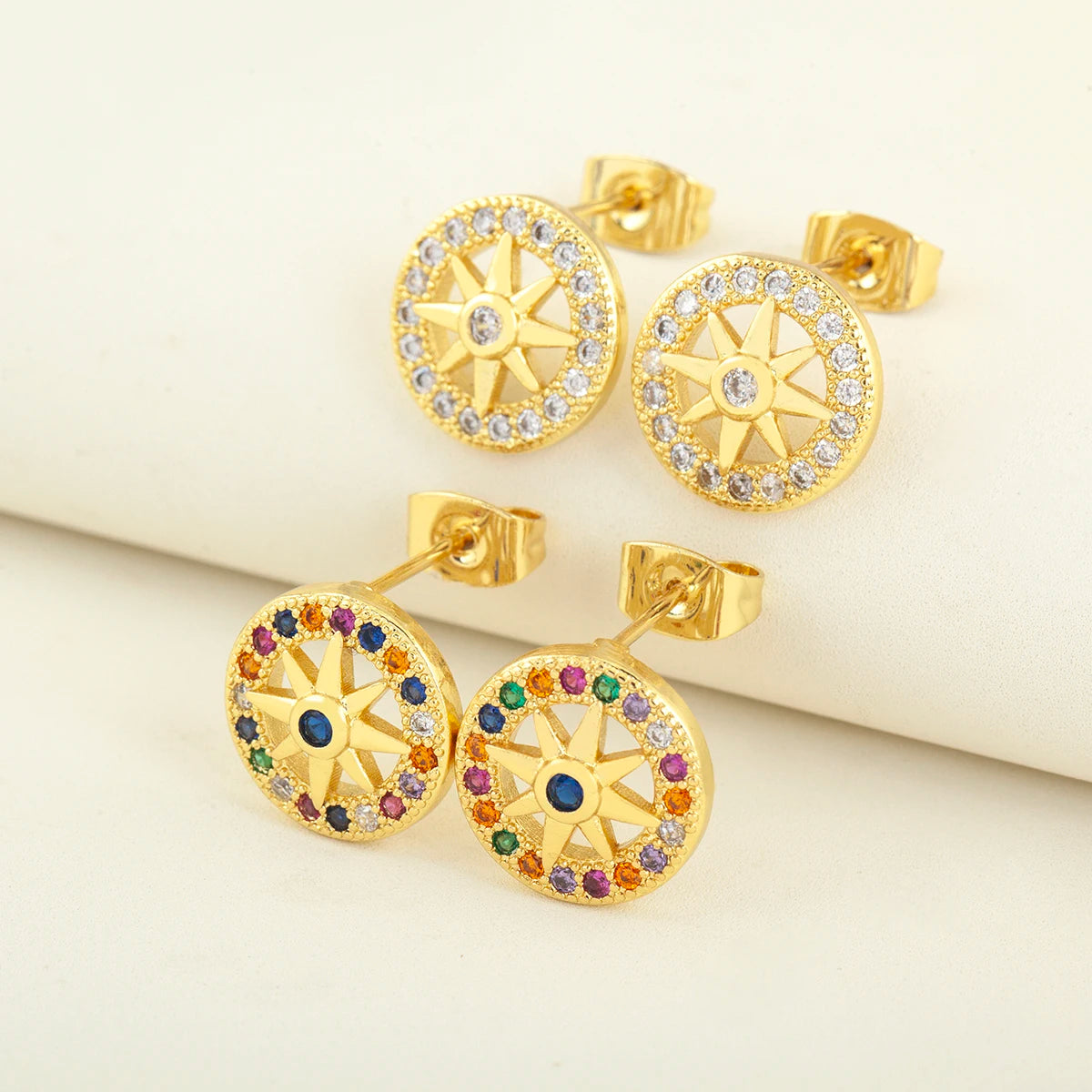 QIKU Wholesale Sun Shape Stud Boho Huggie Hoop 18K Gold Plated Hypoallergenic Zirconia Earrings New Collection 2026 for Unisex