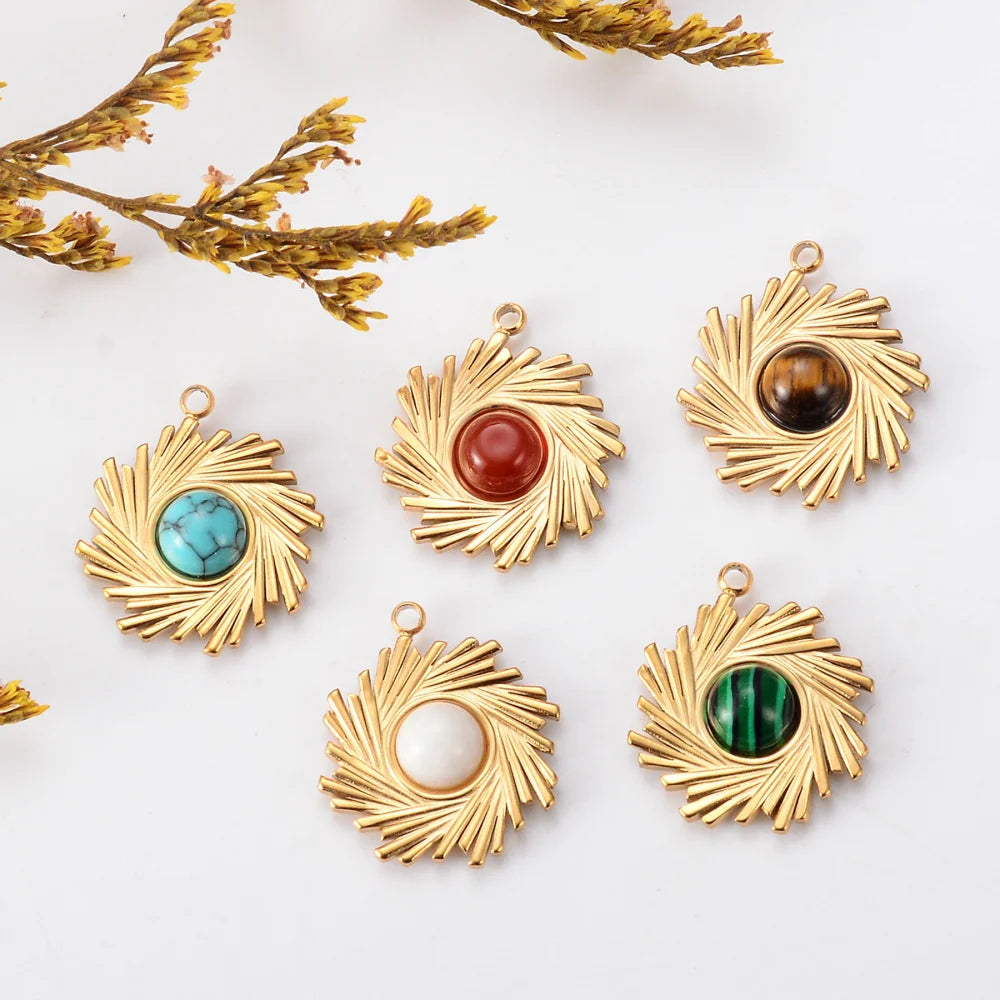 Retro Design Stainless Steel Sun Pendant Fashion Bohemian Charm With Natural Stone Textured Sunflower Natural Stone Charm