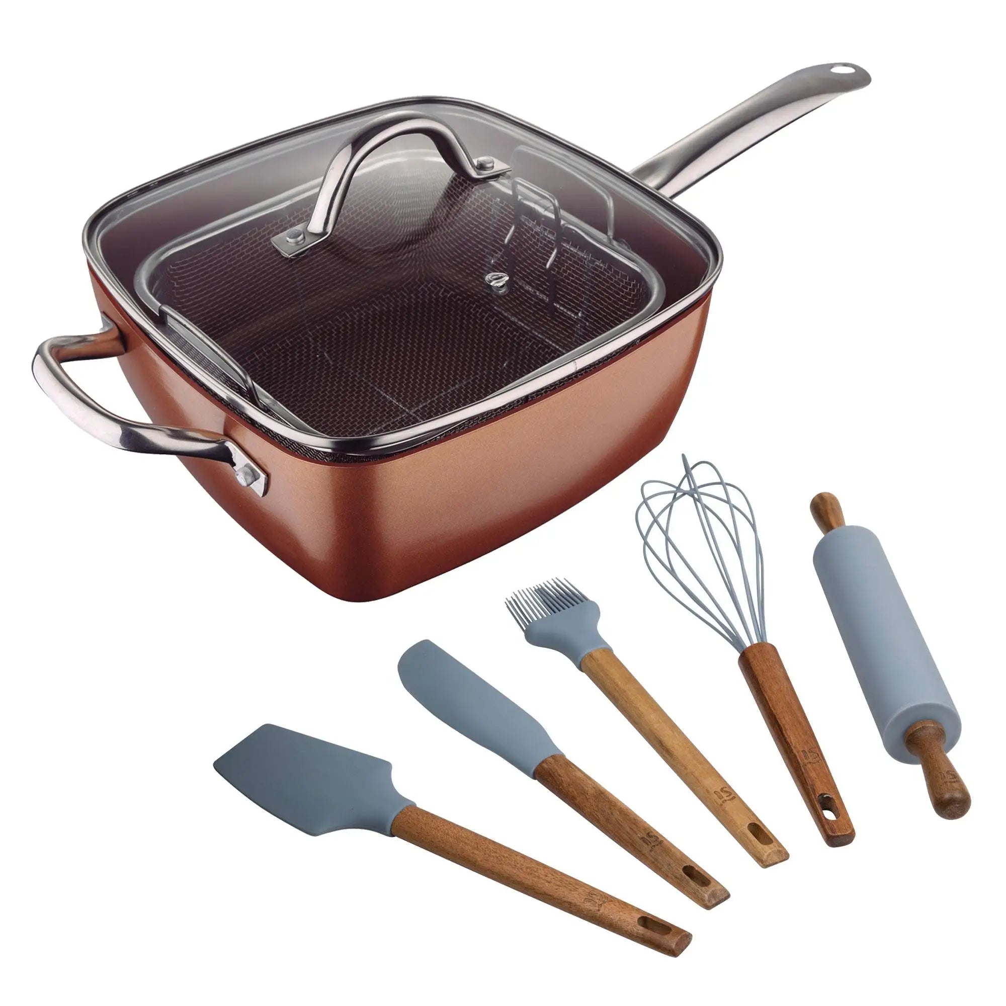 Bergner Optimum Copper 24x24cm Square Frying Pan Set in Pressed Aluminum + 5-Piece Silicone and Wooden Kitchen Utensil Set