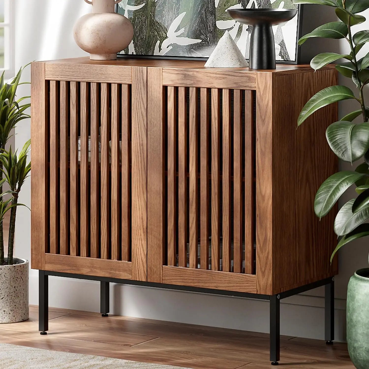 Modern Wood Buffet Sideboard Brown Storage Cabinet With Doors and Adjustable Shelves