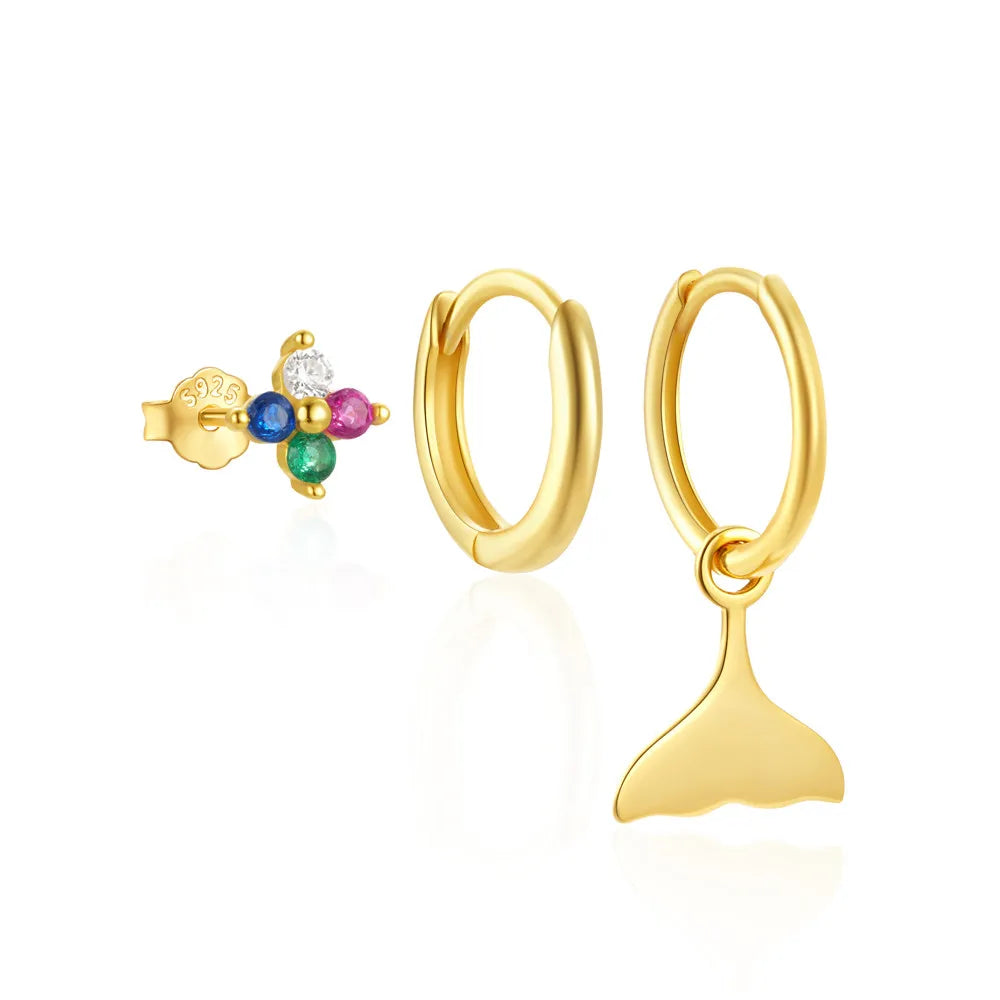 Simple Wholesale Mermaid Shape Pendant Hoop Earrings 925 Sterling Silver Colorful Zircon Flower Stud Huggie Hoop Earrings Set