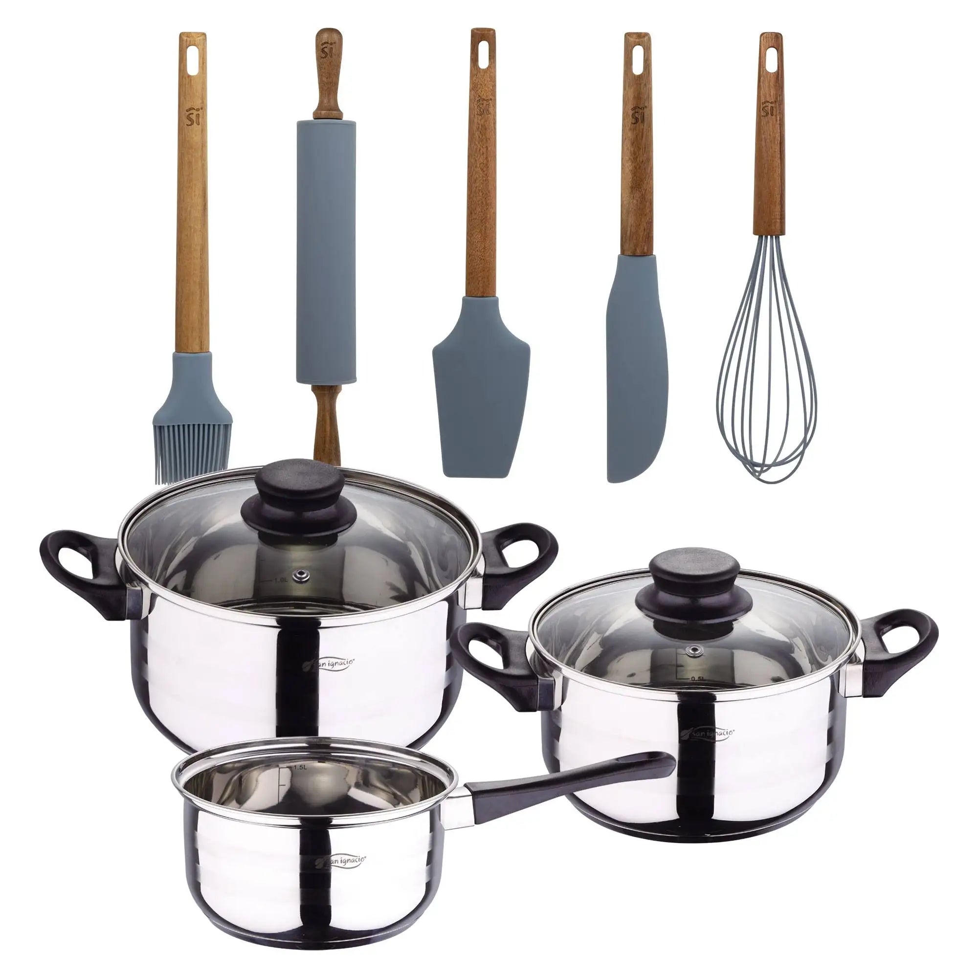 Toledo 5pc Cookware Set Suitable for Induction Hobs + NOIA San Ignacio 5pc Silicone and Acacia Wood Kitchen Utensil Set