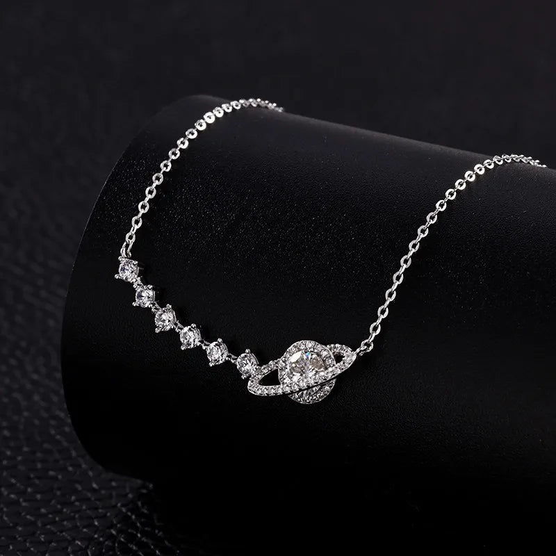 Zircon Galaxy Saturn Charm Pendant Necklace 925 Sterling Silver Classic Link Chain Party Gift
