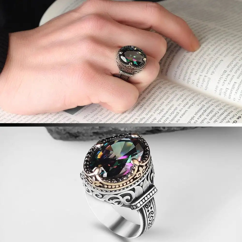 Turkish 925 Sterling Silver Men's Ottoman Style Ring with Natural Agate Stone Fine Jewelry Azuris VALKH1241
