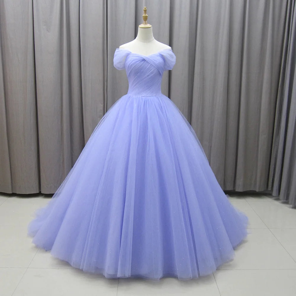Jancember MZ0011 Modest Lilac Off Shoulder Lace Tulle Fabric Evening Party Gowns Dresses