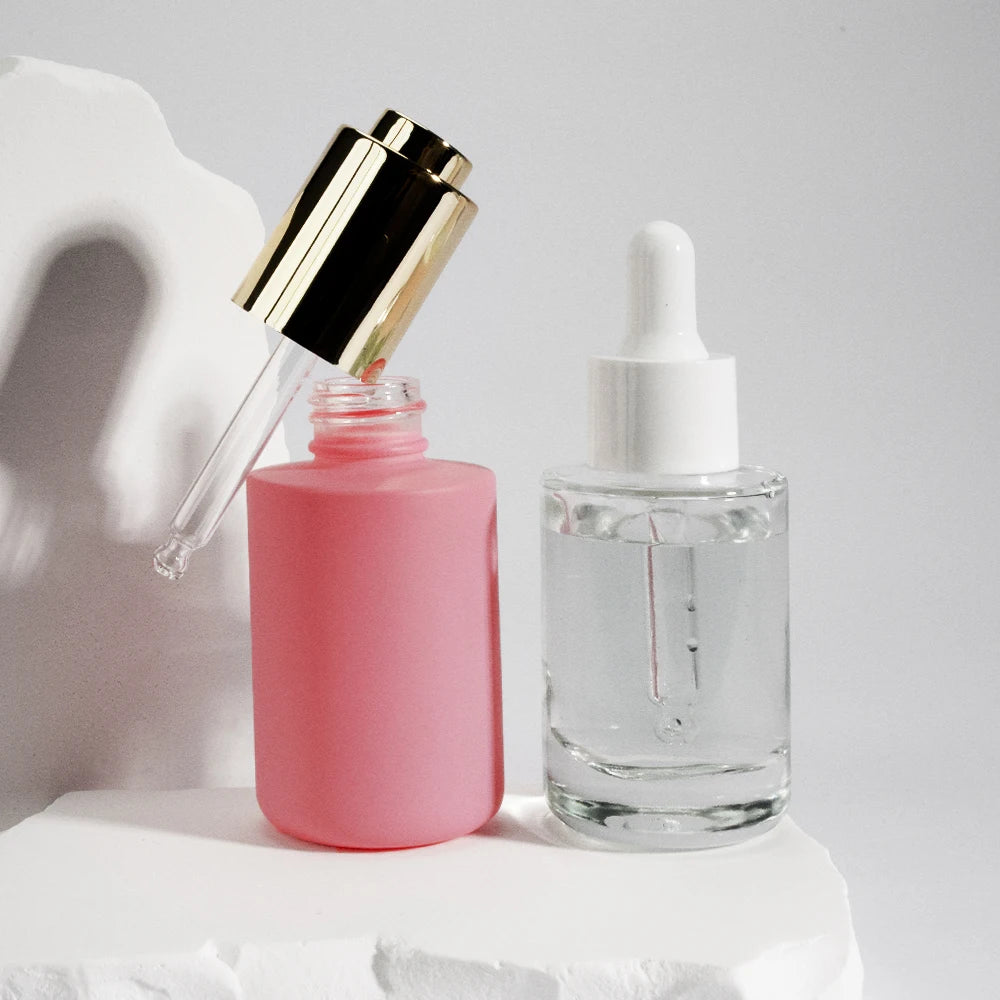 Sale Flat Shoulder Skincare 30ml 100ml Empty Matte Frosted Pink Serum Pump Glass Dropper Bottle with Screen Printing