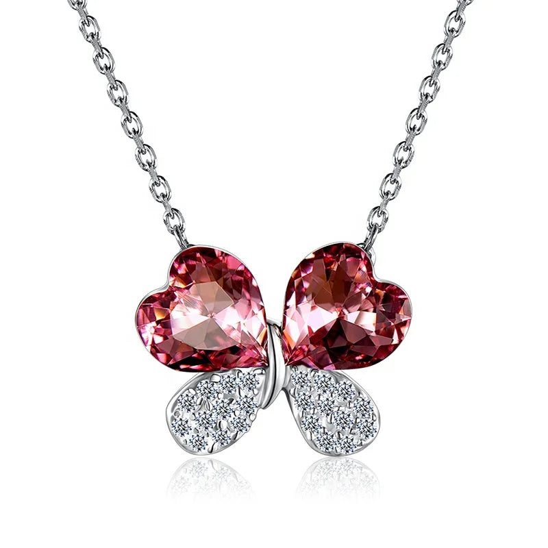Classic Pink Heart Shaped Crystal Butterfly Pendant White Gold Plated Necklace High Quality Brass Jewelry for Everyday Wear