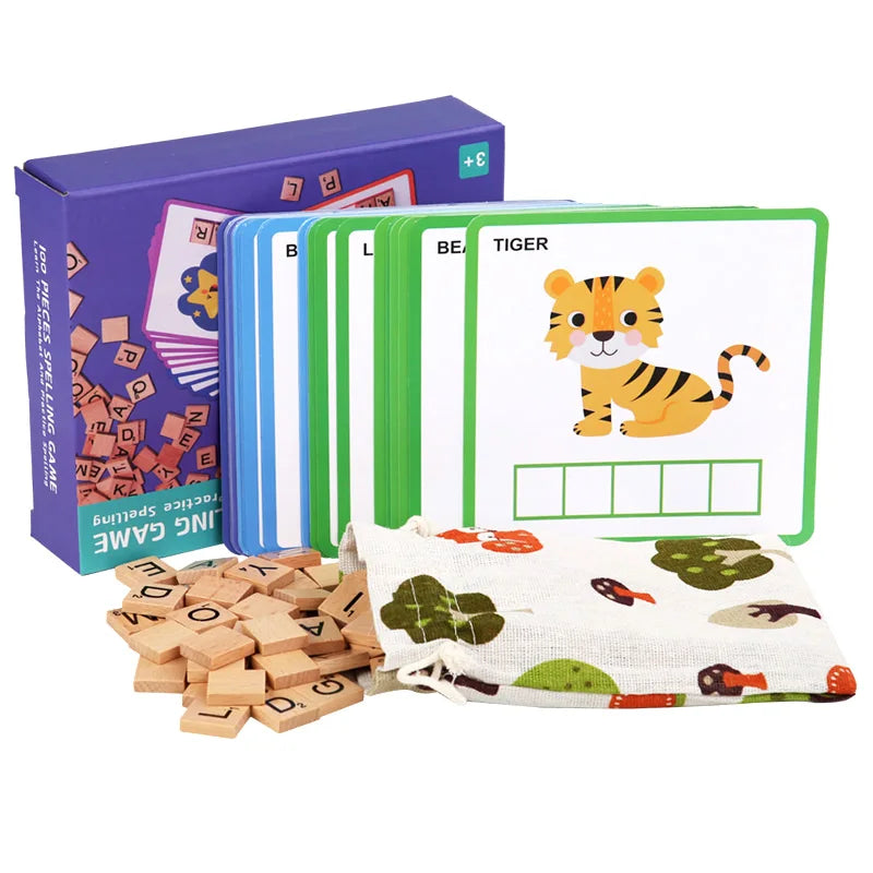 Portable Wooden Spelling Word Blocks Includes Card and Storage Pouch Edutainment for Toddlers Brain Toys