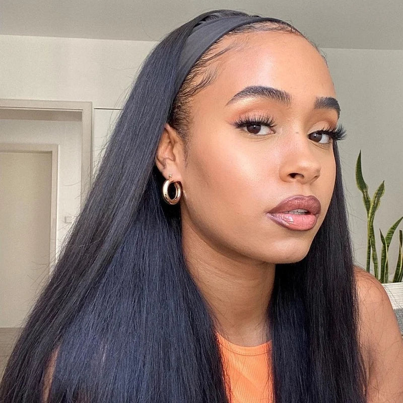 CLJhair Natural Black None Lace Straight Headband Wig Machine Made Wig Headband for Black Women MegaBDM