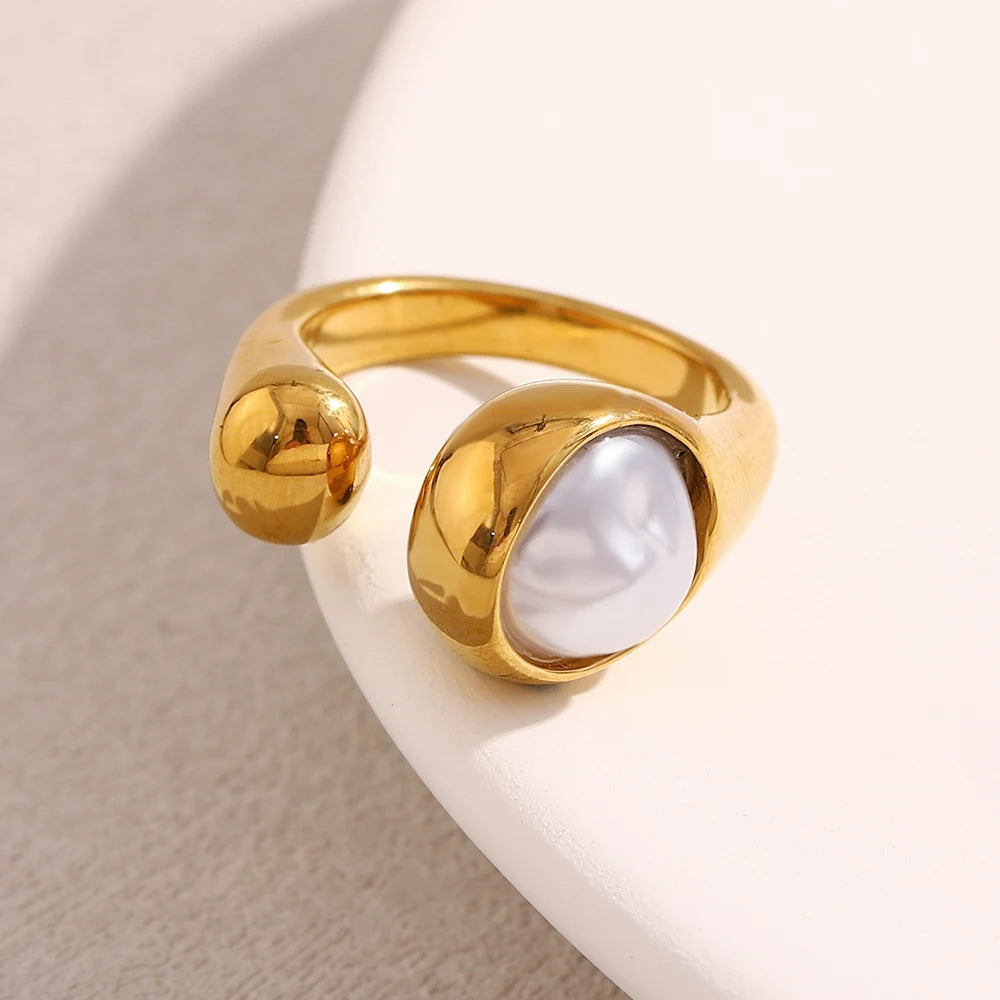 Dreamshow Imitation Pearl Snake Ring 18k Gold Plated Jewelry Anti Tarnish Jewelry Stainless Steel Ring