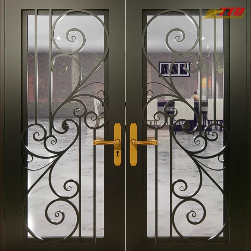 Handcrafted Steel Entry Door with Wrought Iron Designs From Vietnam-Waterproof Postmodern Design Customized Size 3-Year Warranty
