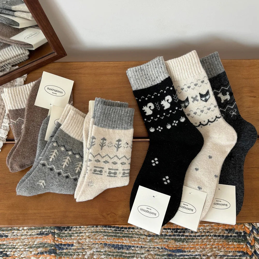 Winter Funny Cartoon Animals Thick Warm Wool Women Socks Assorted Color Cute Tree Pattern Socks Women