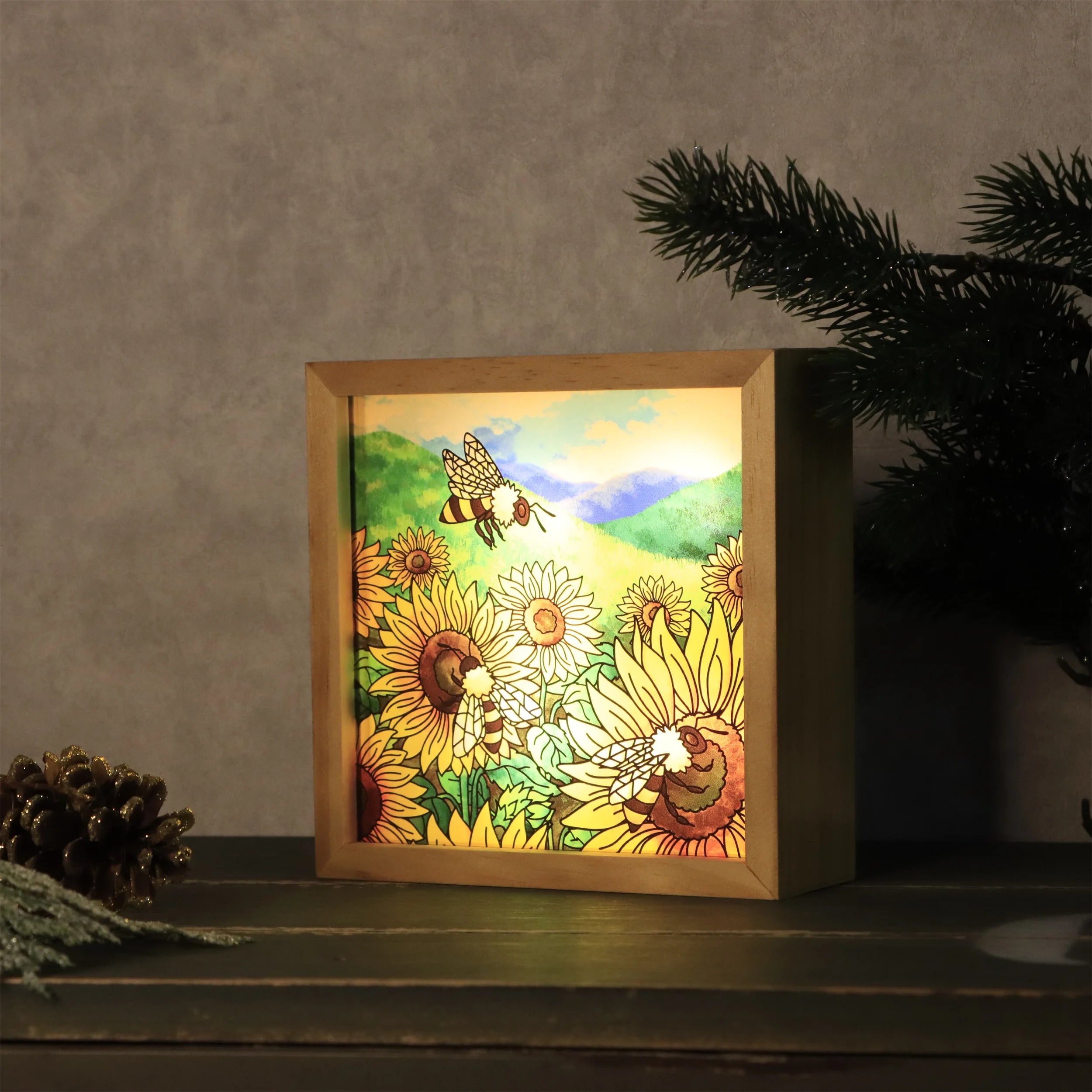 Customizable Pine Wood Lamp with Stained Glass Home Decor Photo Frame and Gift Painting Frame of Custom Size for Photos