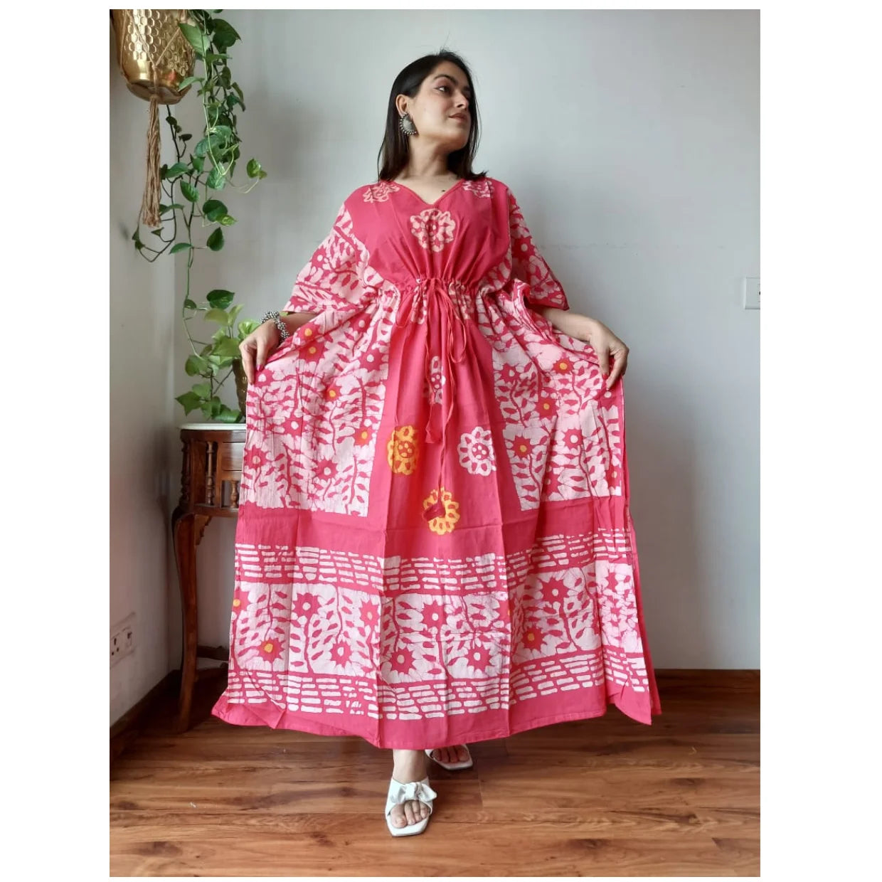 Custom Made Womens Ethnic Print Cotton Kaftan-V-Neck Border Trim Drawstring Waist Summer Natural Floor-Length Eco-Friendly