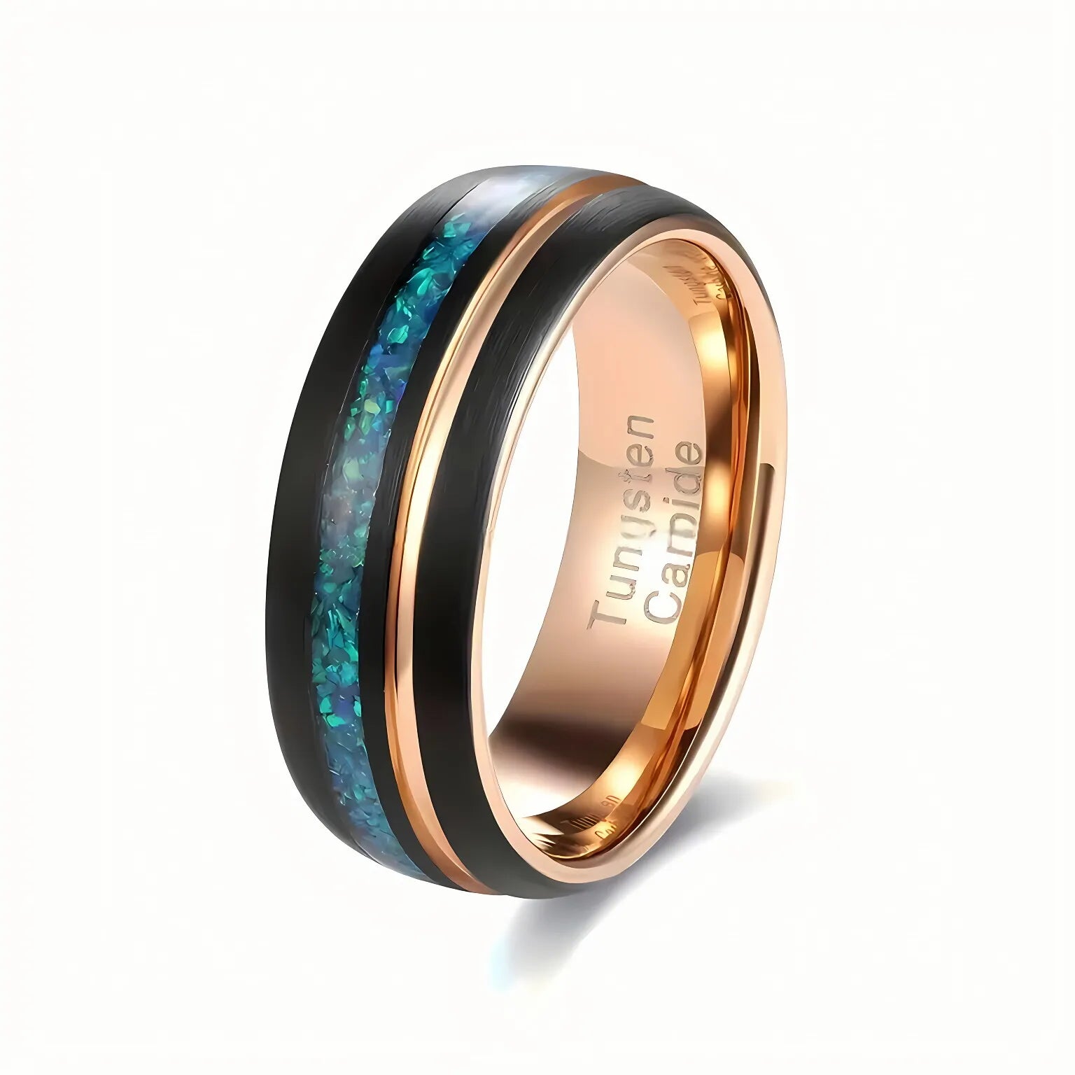POYA 8mm Classic Blue Opal Inlay Wedding Band Black Rose Gold Tungsten Carbide Engagement Anniversary Ring for Men Women Gift