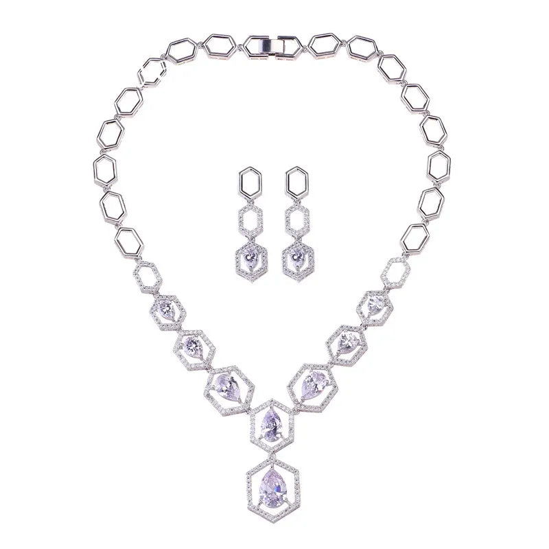 Wholesale Silver Cubic Zirconia Bridal Wedding Hexagon Necklace Earrings Jewelry Sets