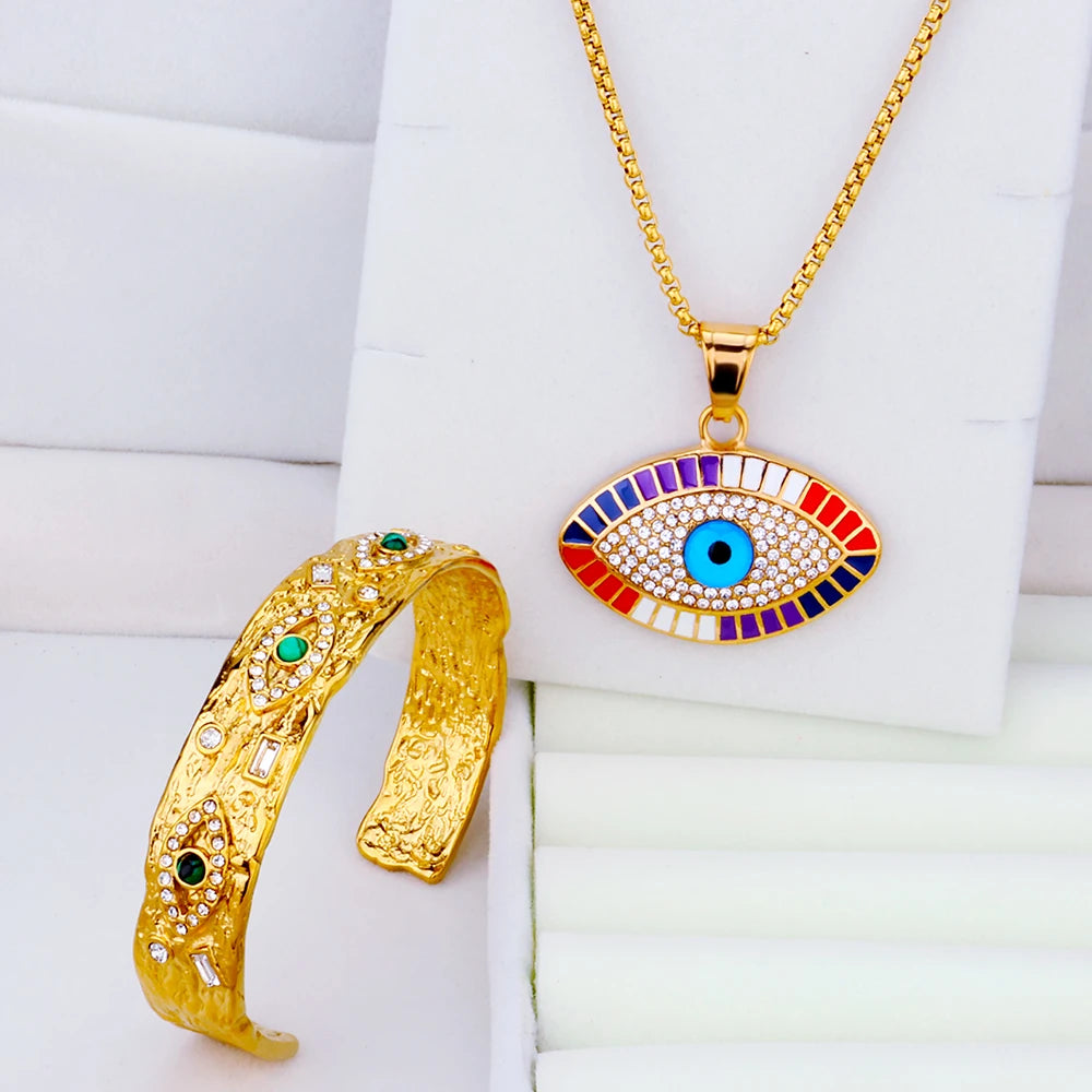 Vintage-Style Jewelry Set Beautiful Colorful Enamel Eye Accessories Diamond-Encrusted Gold-Plated Bracelet and Necklace
