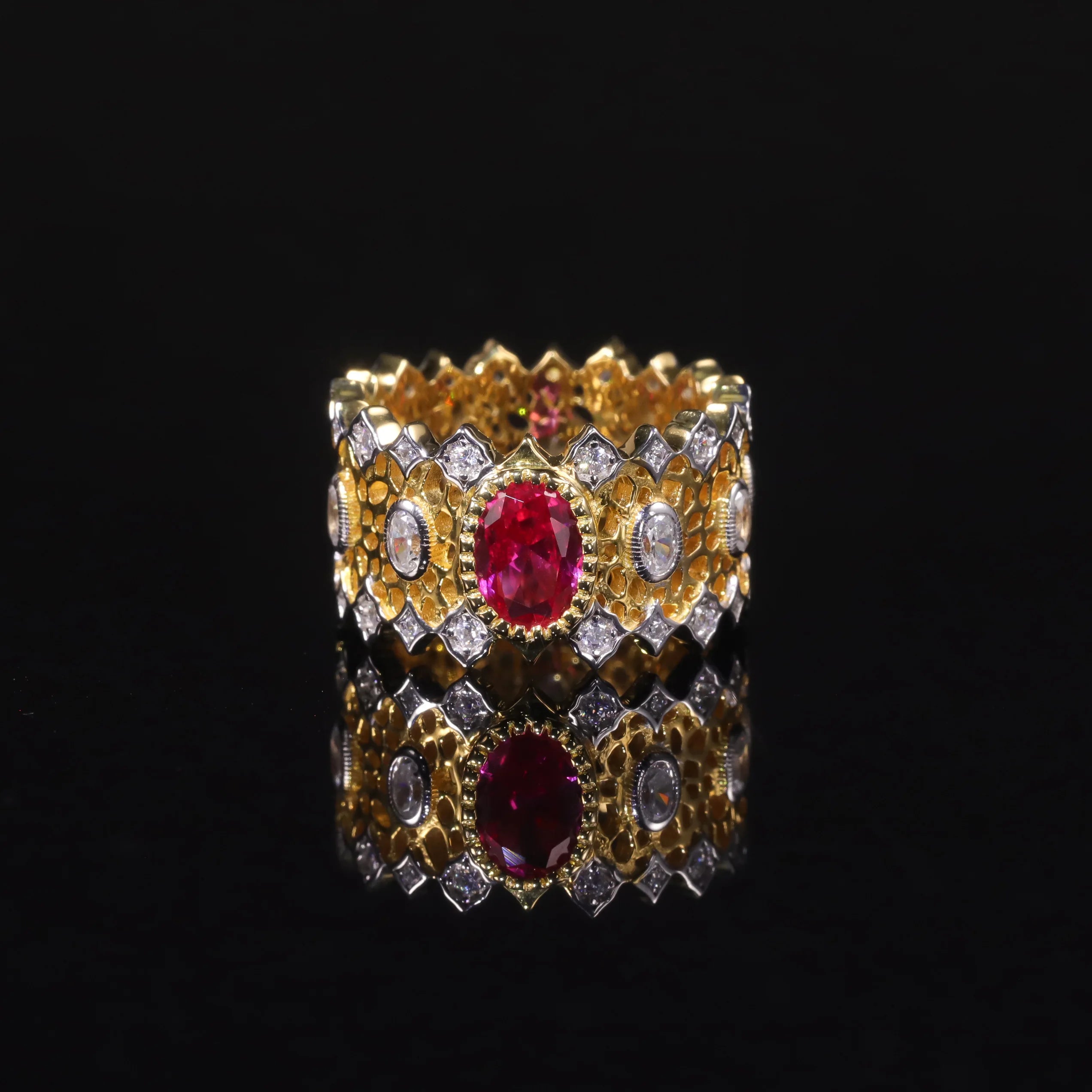 AR105 Abiding Antique Jewelry Oval Cut 5x7mm Red Stone Two-tone Gold Plating 925 Sterling Silver Simulated Ruby Rings