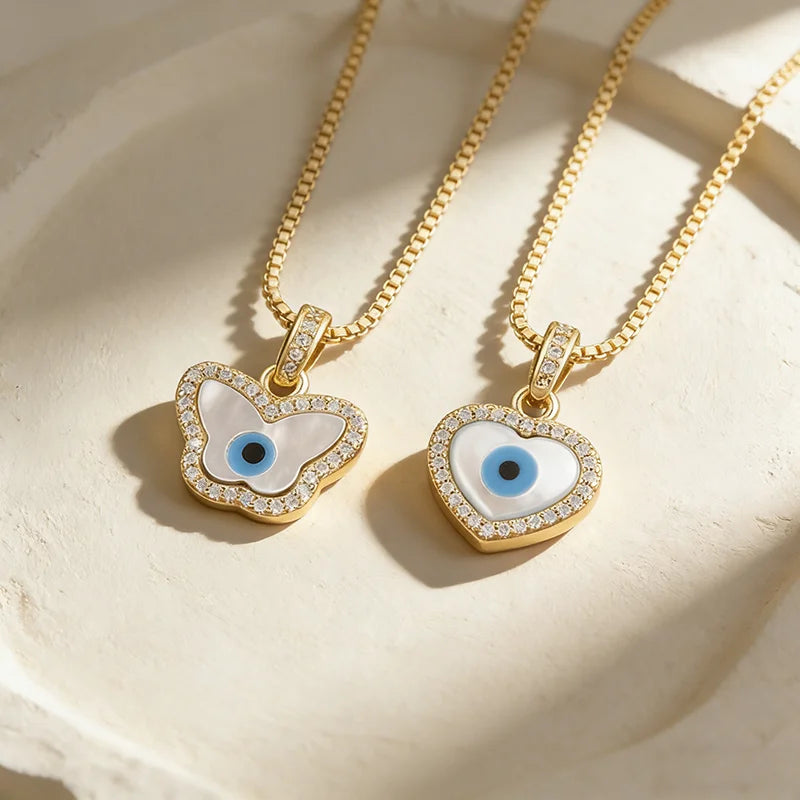 QIKU Copper Zircon Women's Necklace Butterfly/Star/Heart/Cross/Round/ Elephant/Eye/Palm Shape Shell Pendant Fashionable Jewelry