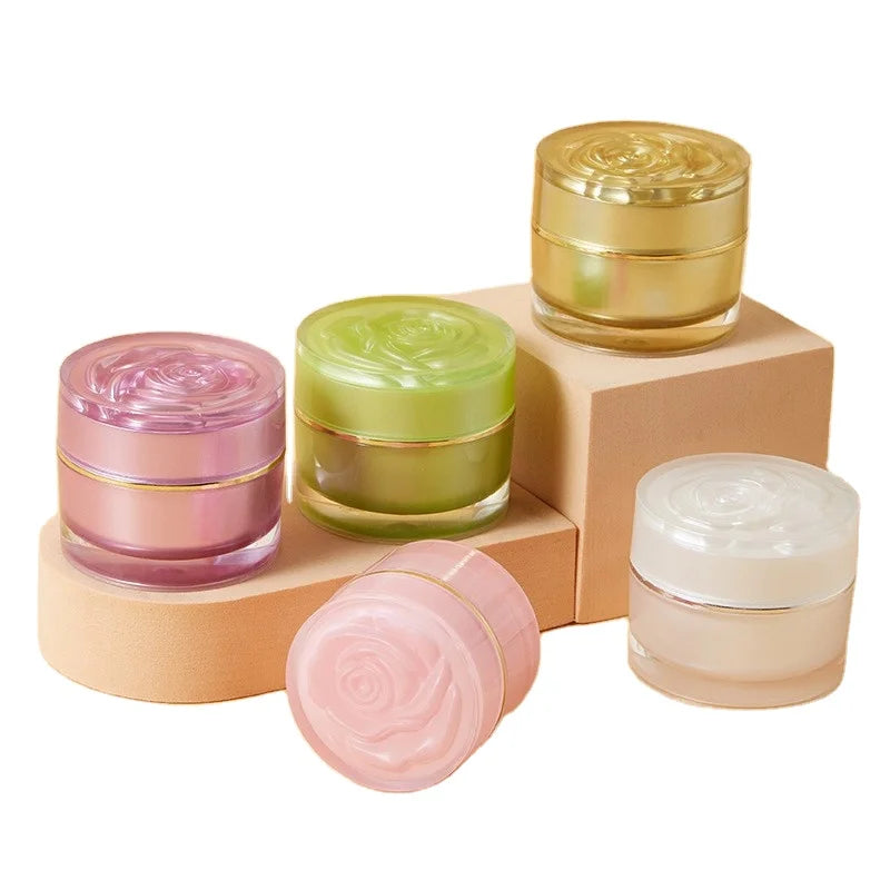 Luxurious Plastic Rose Shape Green Purple pink White Gold Cosmetics 5/10/15/20/30g Double Cream Jar Acrylic Makeup Containers