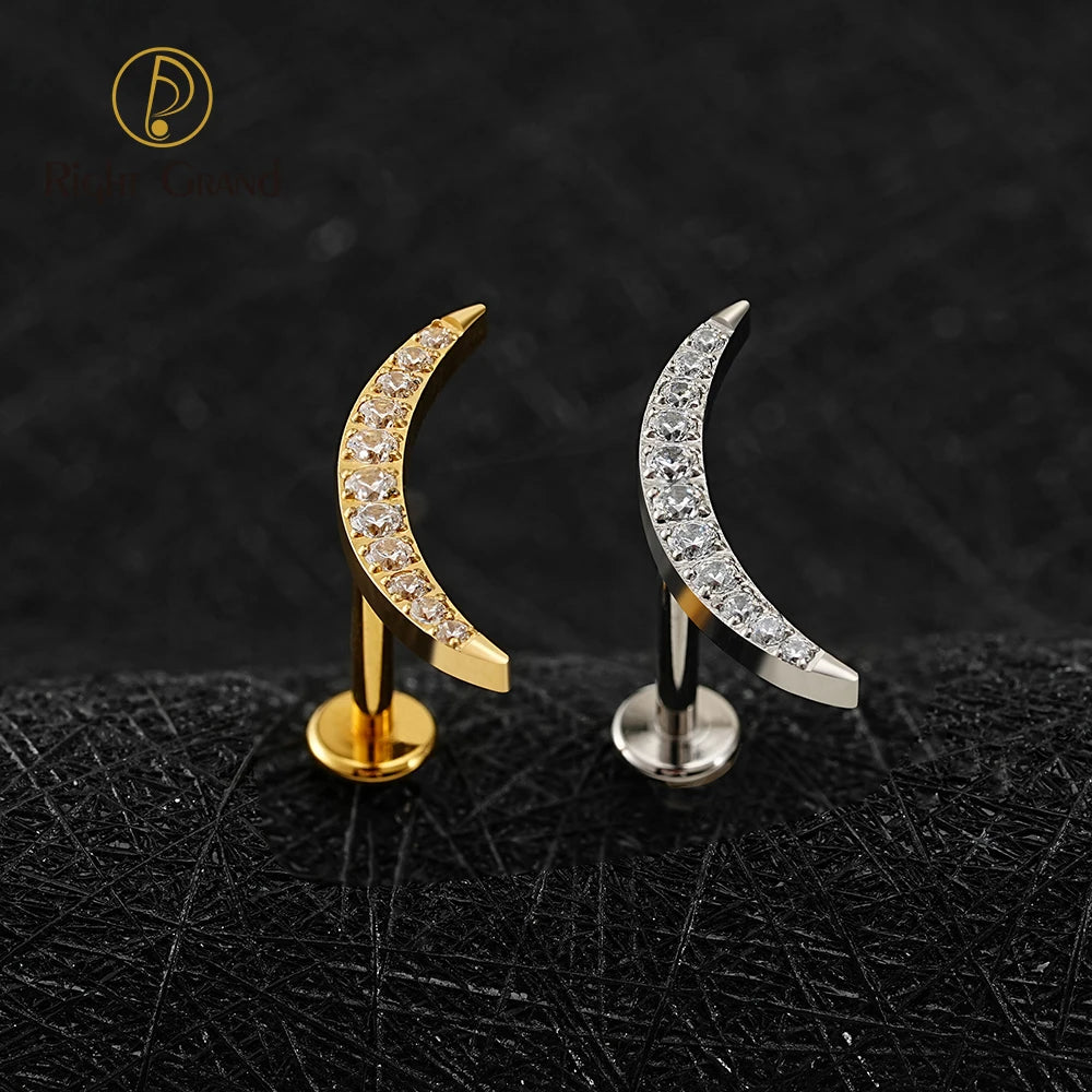 Right Grand ASTM F136 Titanium Internal Thread New Moon CZ Cartilage Earring 16G Labret Tragus Helix Flat Back Piercing Jewelry MegaBDM