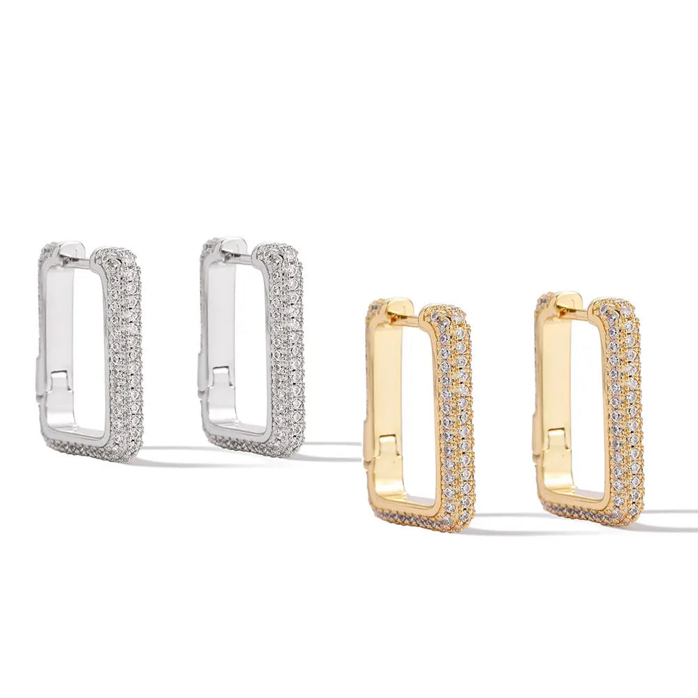 Low MOQ Wholesale Hip Hop Jewelry Bling Crystal Men Rapper Cz Stone Rectangle Hoop Earrings