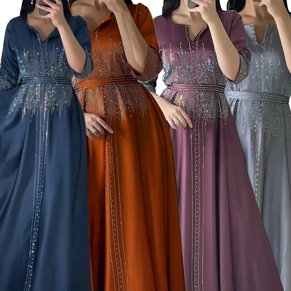 2024 New Fashion Hot Diamond Elegant Banquet Abaya Dress Solid Color Long Sleeves Party Maxi Robe for Women HS009
