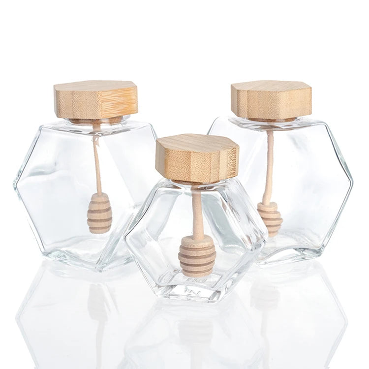 Factory Direct Sale 100ml 280ml 380ml Honey Glass Jar with Wooden Lid Metal Lid clear Honey Jar