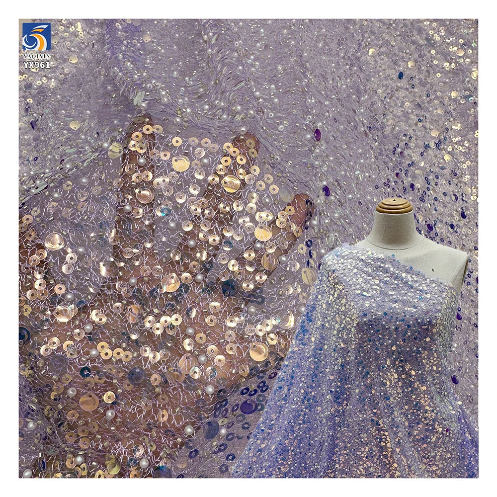 YX961 Holographic Transparent Glitter Sequin Embroidery Mesh Fabrics Water-Effect Gradient Sequin Fabric for Stage Skirts MegaBDM