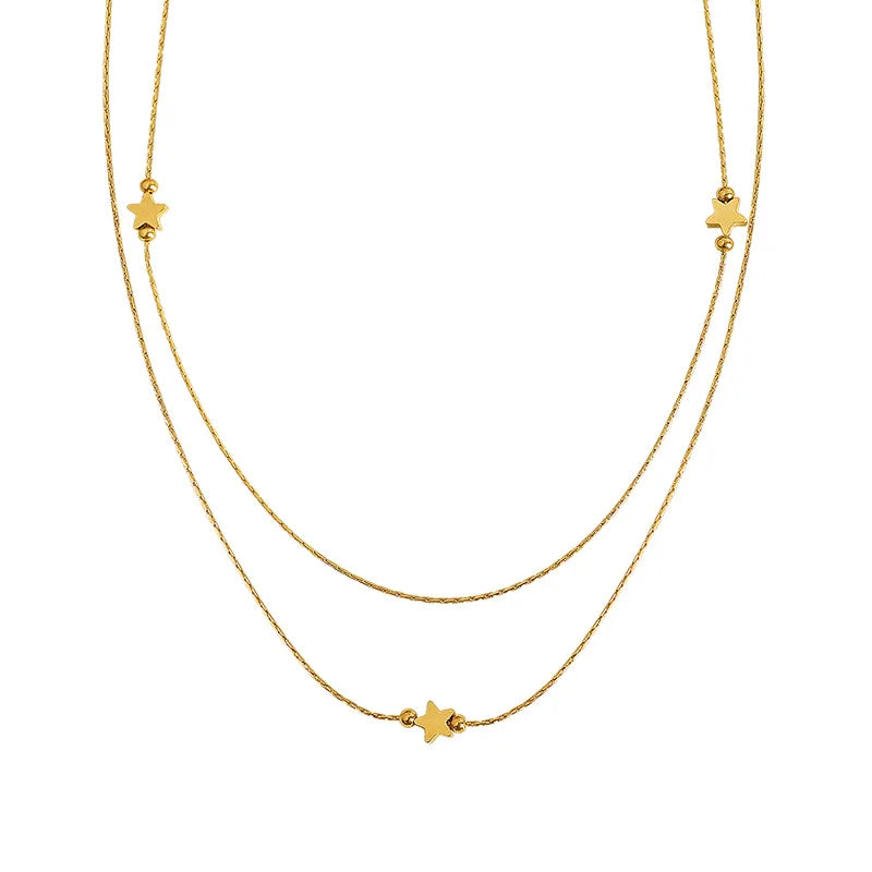 Korean Minimalist Star Necklace Double Chain Stainless Steel Beads Necklace Non Tarnish Waterproof Jewelry for Women Gift