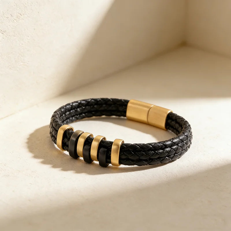 New Arrival Double Layer Black Gold Steel Punk Style Design Perfect Gift Personality Black Genuine Leather Bracelet Men Jewelry