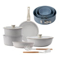 10-Piece Cookware Set Beige/Removable Handle 3 Frying Pans 2 Saucepans Lids and Utensils + Set of 3 Round Baking Molds
