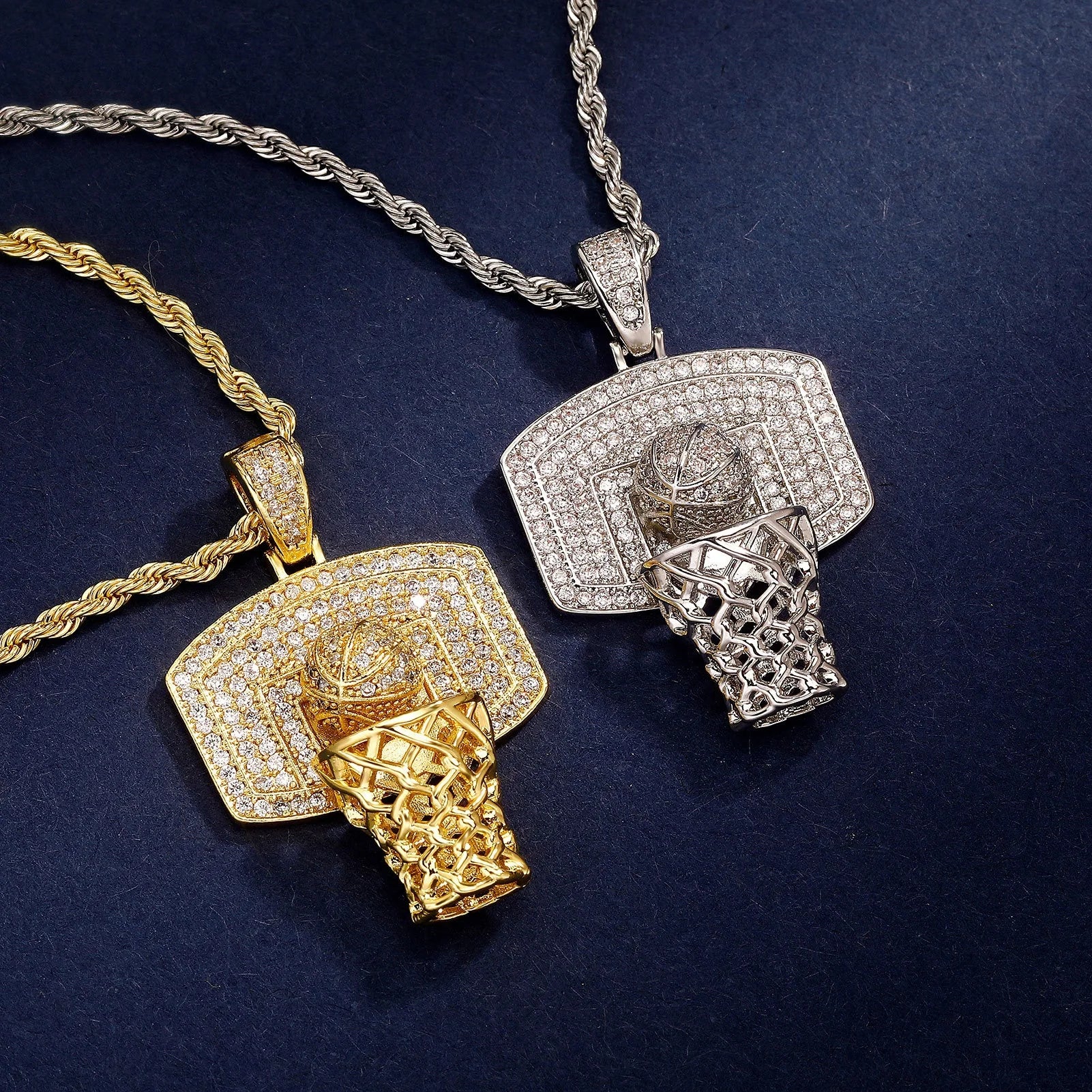 New Sports Enthusiast Zircon Necklace HipHop CZ Basketball Stands Pendant with Iced Brass Gold Plating Rope Chain for Parties