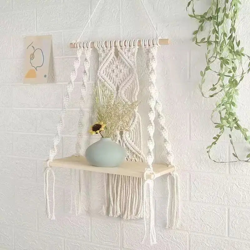 Boho Macrame Hanging Shelf with Woven Wall Tapestry Handmade Cotton Rope Floating Wooden Rack for Plants & Home DÃ©cor (1-Tier)