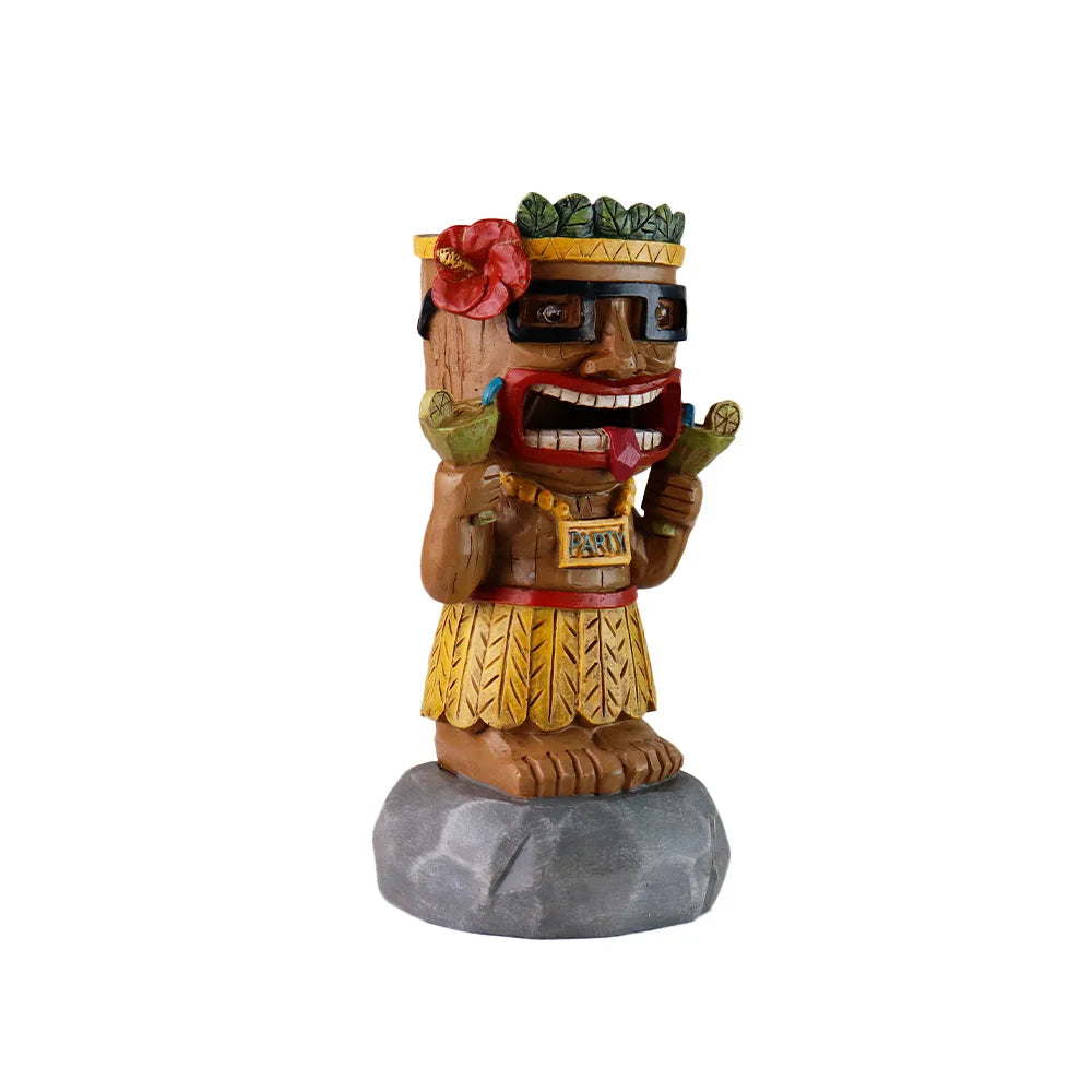 Party Tiki Man Statue on Rock Base Resin Tiki Figurine with LED Eyes for Bar Decor