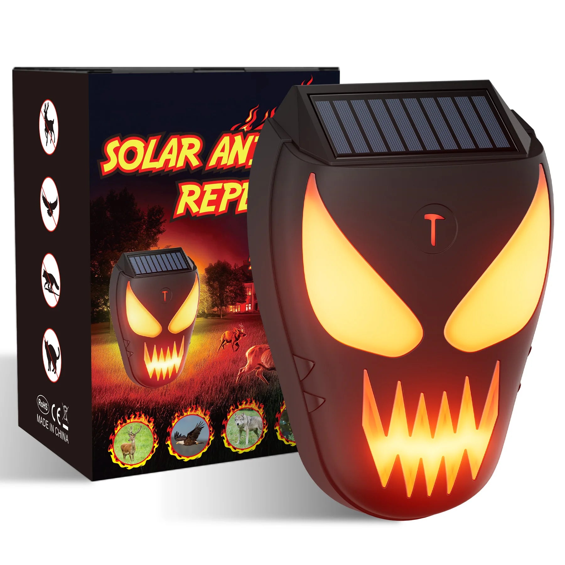 Latest Smart Solar Animal Repeller with LED Flame Light Auto Day Night Sensing Wildlife Deterrent for Garden Yard and Outdoor