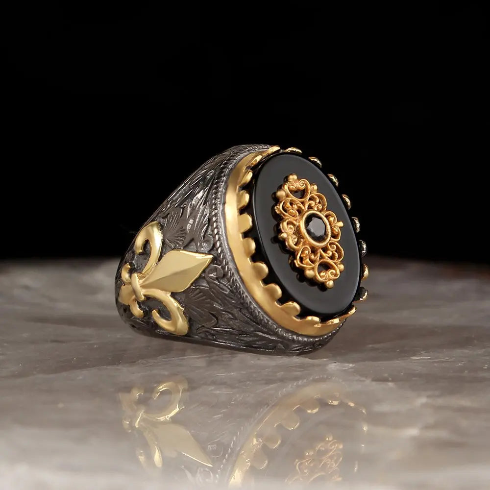 Turkish Style Vintage 925 Sterling Ottoman Men's Ring with Rhodium and Gold Bi-color Plating. Model RCEGYT-264 MegaBDM