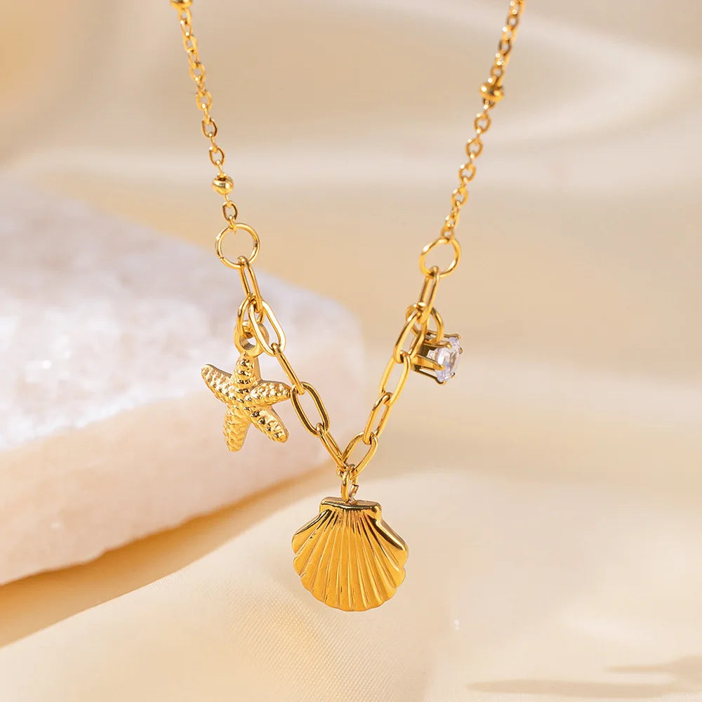 Charming Gold Plated Sea Animal Earrings Anklet Necklace Set Fashion Stainless Steel Starfish Shell Necklace to My Daughter