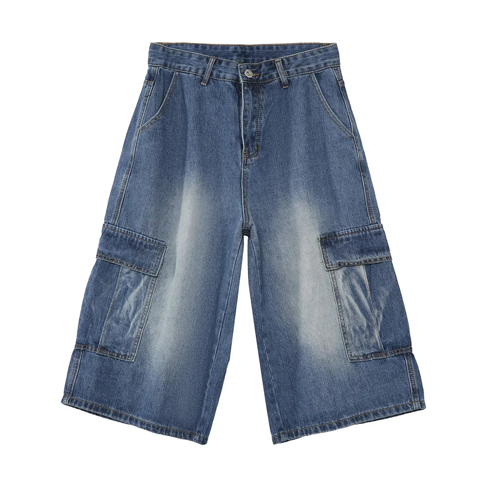 2025 Summer  Street Fashion Hip-hop Multi-pocket Men's Workwear Jeans  Versatile Casual Trendy Cropped Jeans