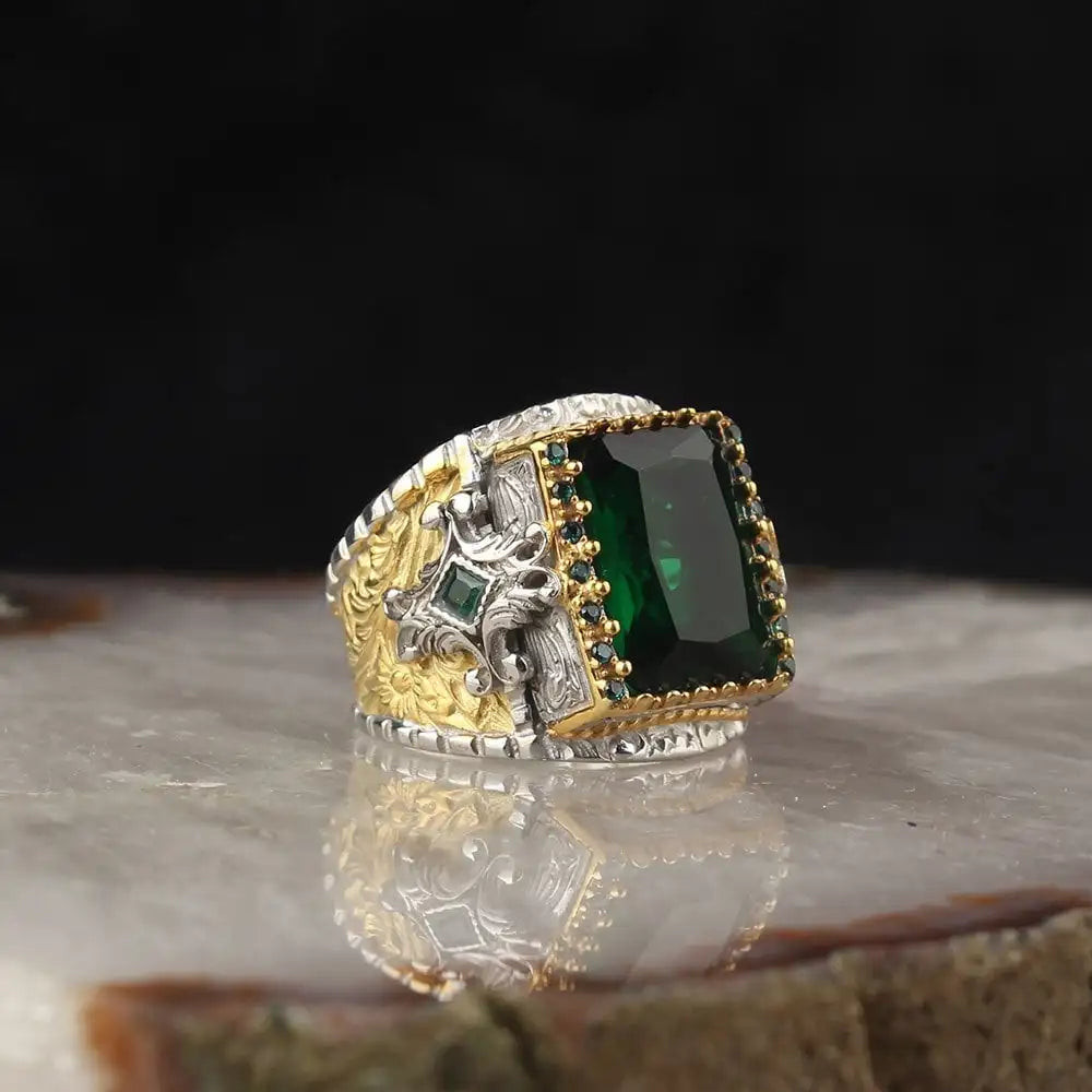 Custom Logo Men's Ottoman Style Fine Ring 925 Sterling Bi-Color Rhodium & Gold Plated Turkey Origin RCEGYT-783