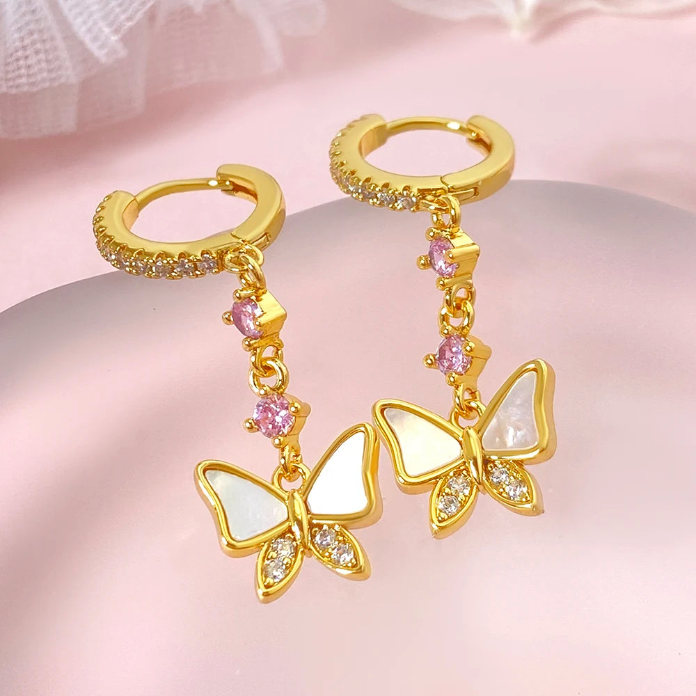 For Foxi Trendy Pink Hoop Earrings Lovely Design Dangle with Shell Butterfly CZ and Zircon Stones Rhodium Plated for Women