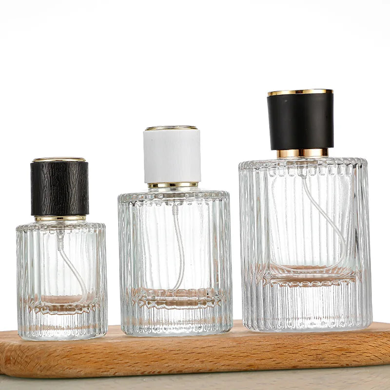 Customizable Labels Vertical Stripes Screw Cap Cylinder Perfume Glass Bottle Lid 30ml 50ml 100ml 100pcs MOQ Recyclable