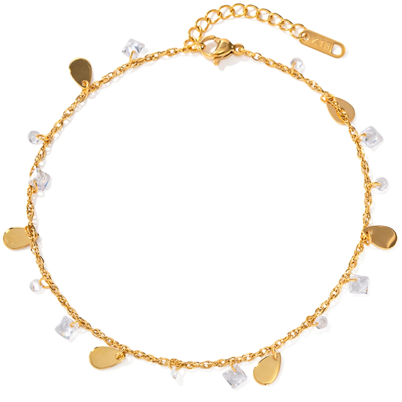 New Arrival 18K Gold Planted Stainless Steel Transparent Crystal Pendant Tassel Shape Anklet for Girls