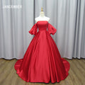 Jancember MZ0037 Vintage Red Boat Neck Satin Evening Long Tail Party Dresses