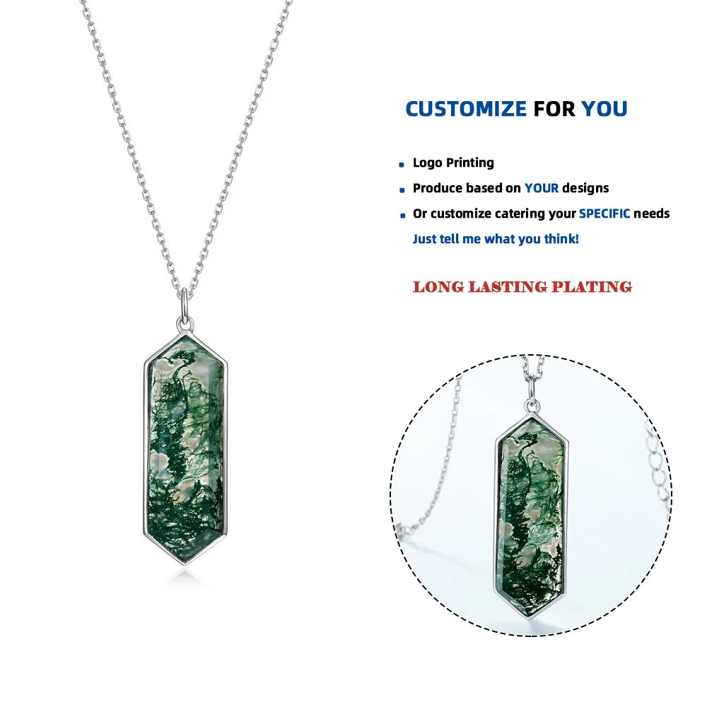 Geometry Natural Water Grass Agate Moss Agate Necklace 925 Sterling Silver Pendant for Women Anniversary Birthday Gifts