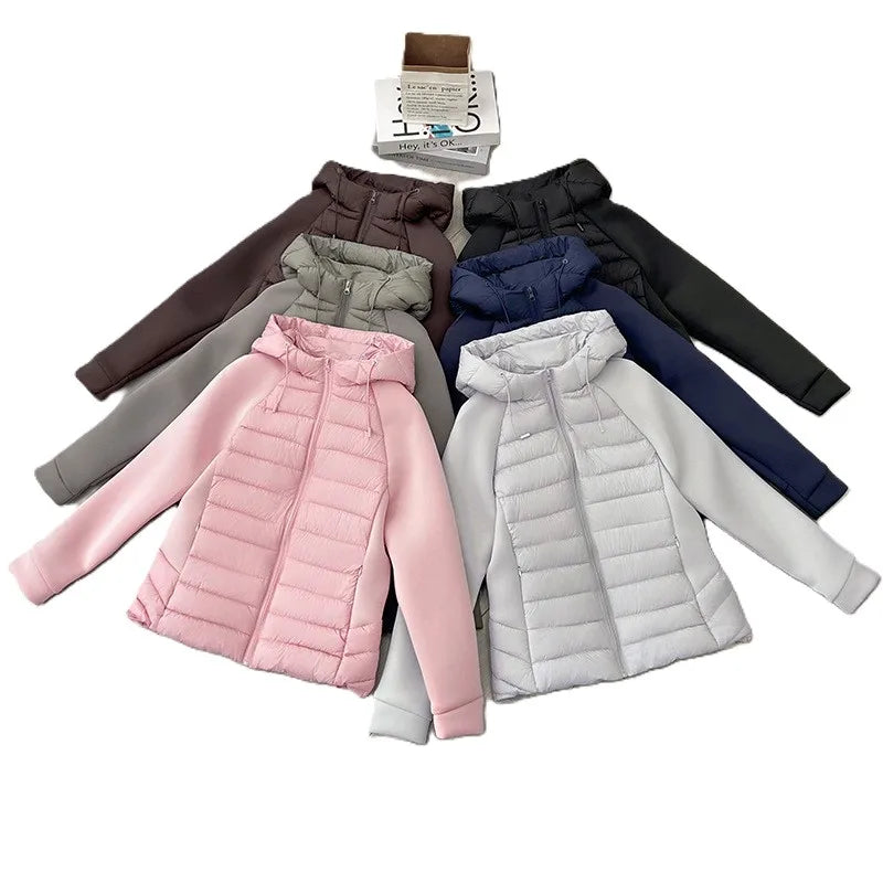 Bangladesh China Factory Price Women's Oversized Hooded Puffer Coat Down Thick Short Jacket Patchwork Sleeve Jacket