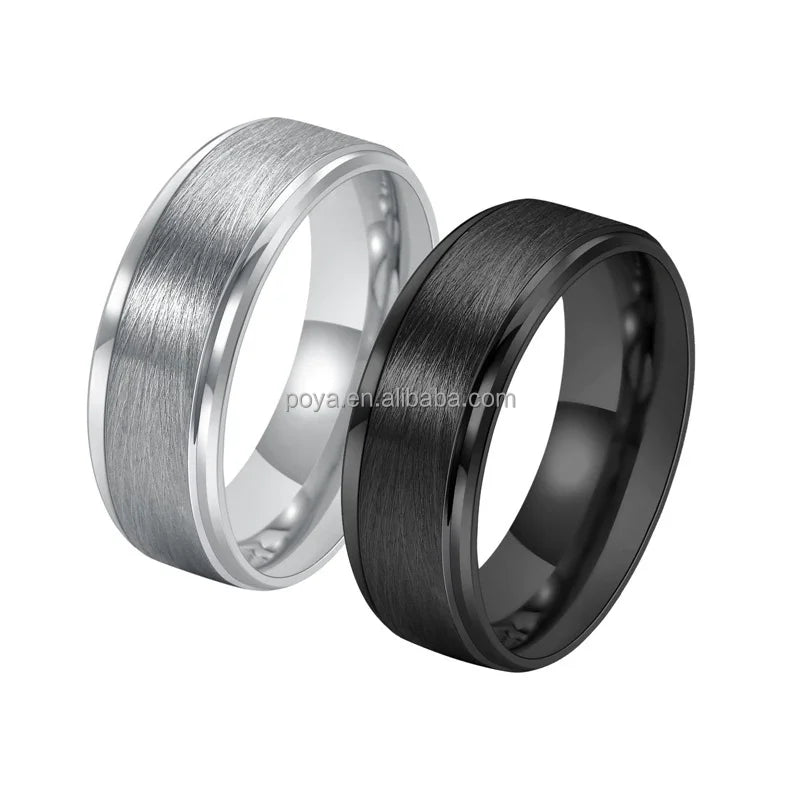 POYA Unisex 8mm Black/Silver Brushed Tungsten Ring Beveled Edges Anniversary Engagement Promise Ring for Him Gift